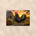 Black Rooster in the Farmyard aluminum metal sign 12" x 8" - front view on warm wall