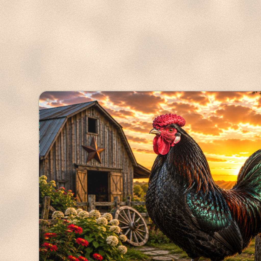 Black Rooster in the Farmyard aluminum metal sign 12" x 8" - close-up view of the printed artwork