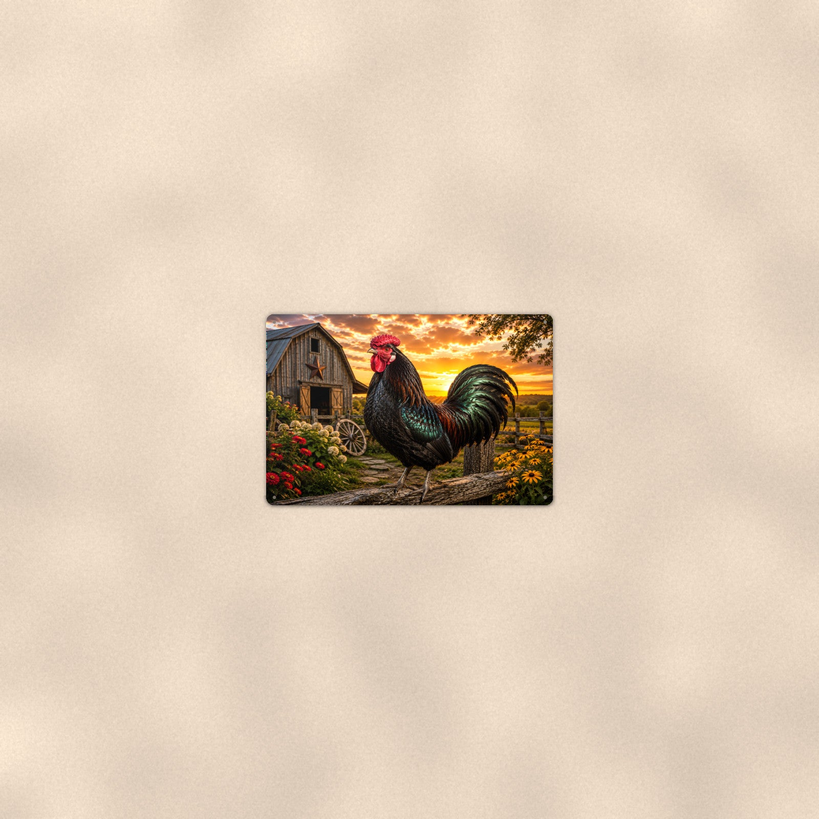 Black Rooster in the Farmyard aluminum metal sign 12" x 8" - room view on warm wall