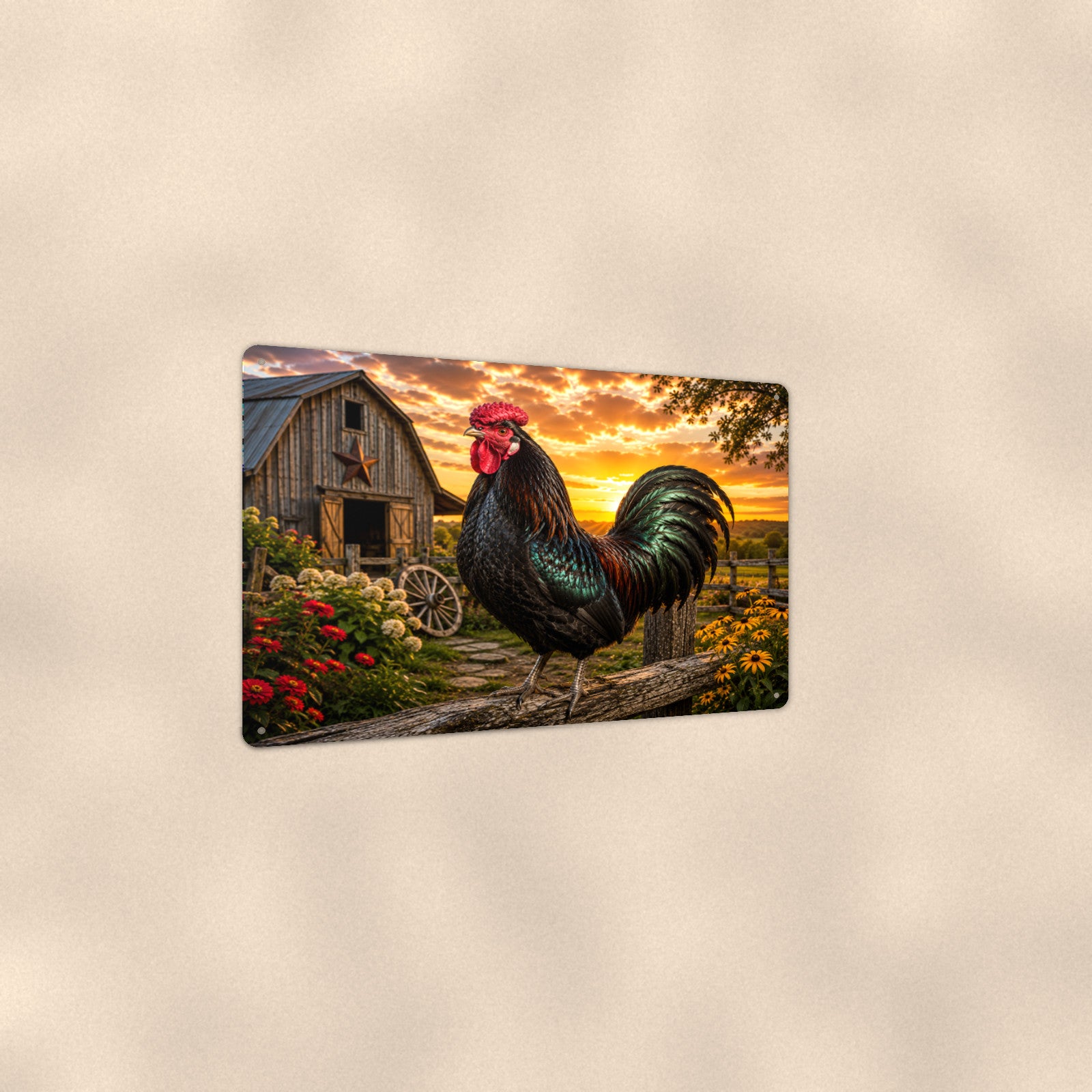 Black Rooster in the Farmyard aluminum metal sign 12" x 8" - angled view showing glossy finish