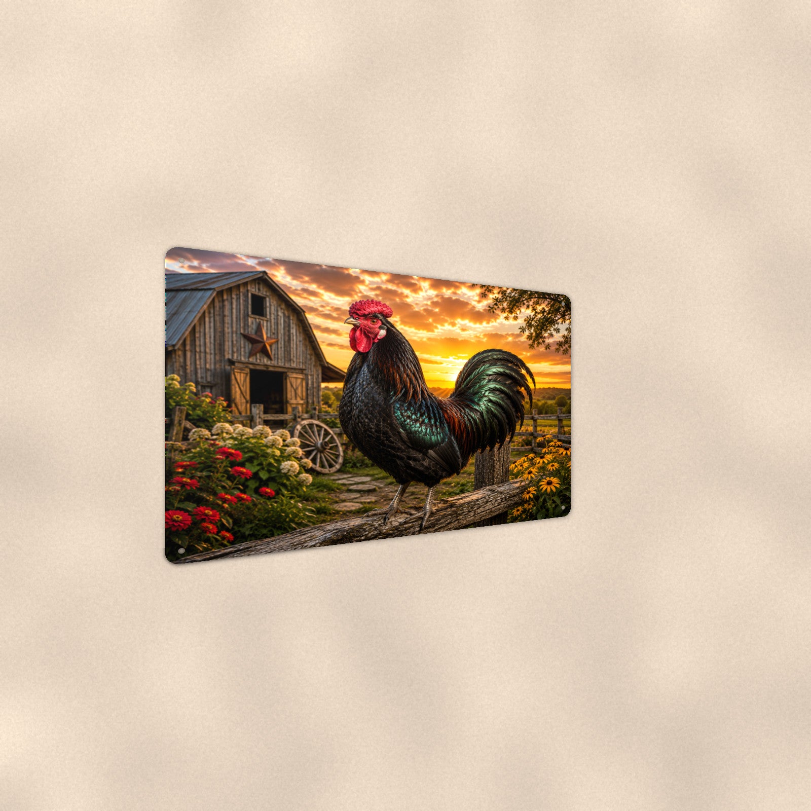 Black Rooster in the Farmyard aluminum metal sign 12" x 8" - angled wall view from a wider angle