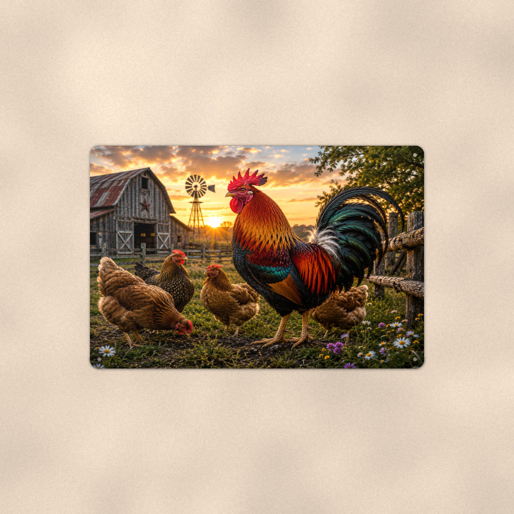 Rooster and Hens at the Windmill Barn aluminum metal sign 12" x 8" - front view on warm wall