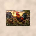 Rooster and Hens at the Windmill Barn aluminum metal sign 12" x 8" - front view on warm wall