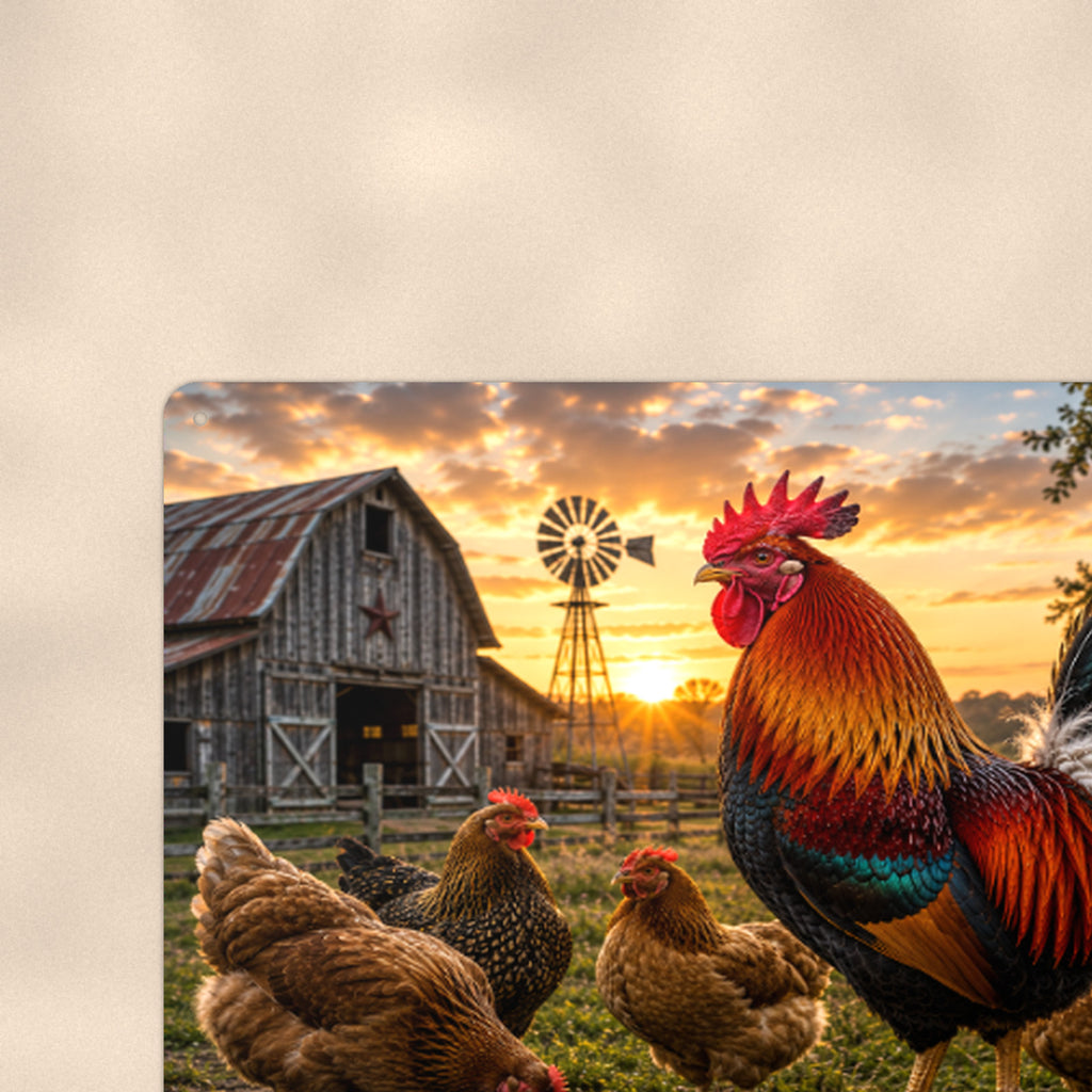 Rooster and Hens at the Windmill Barn aluminum metal sign 12" x 8" - close-up view of the printed artwork