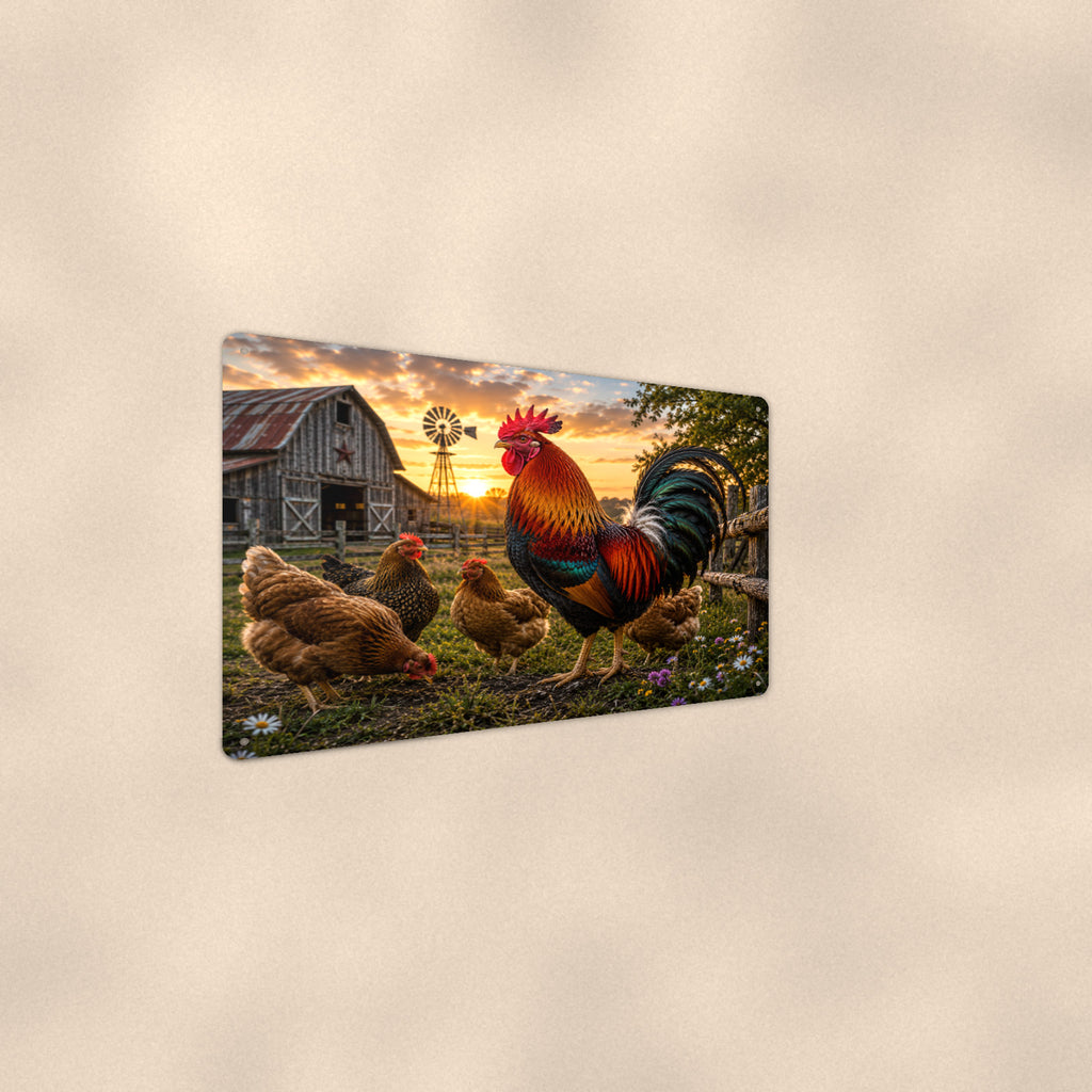 Rooster and Hens at the Windmill Barn aluminum metal sign 12" x 8" - angled wall view from a wider angle