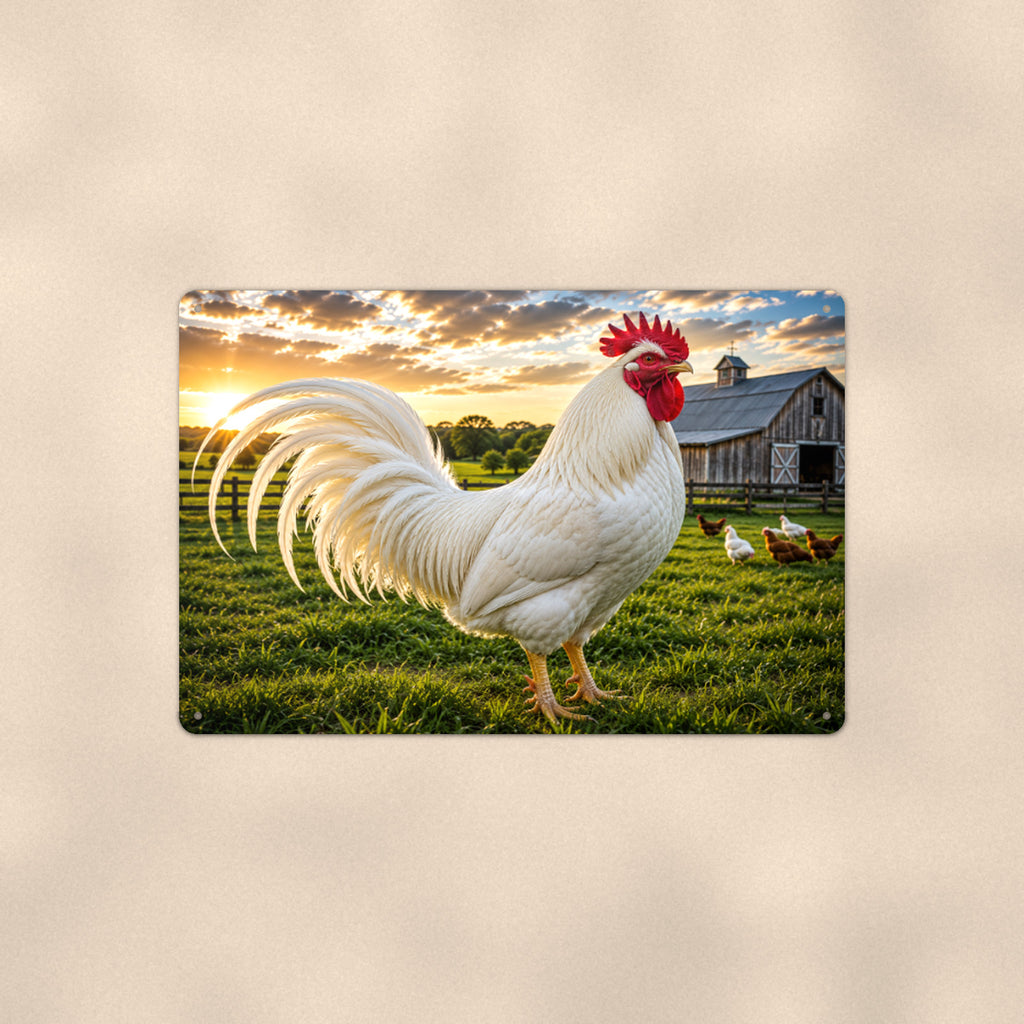 White Rooster on Green Pasture aluminum metal sign 12" x 8" - front view on warm wall