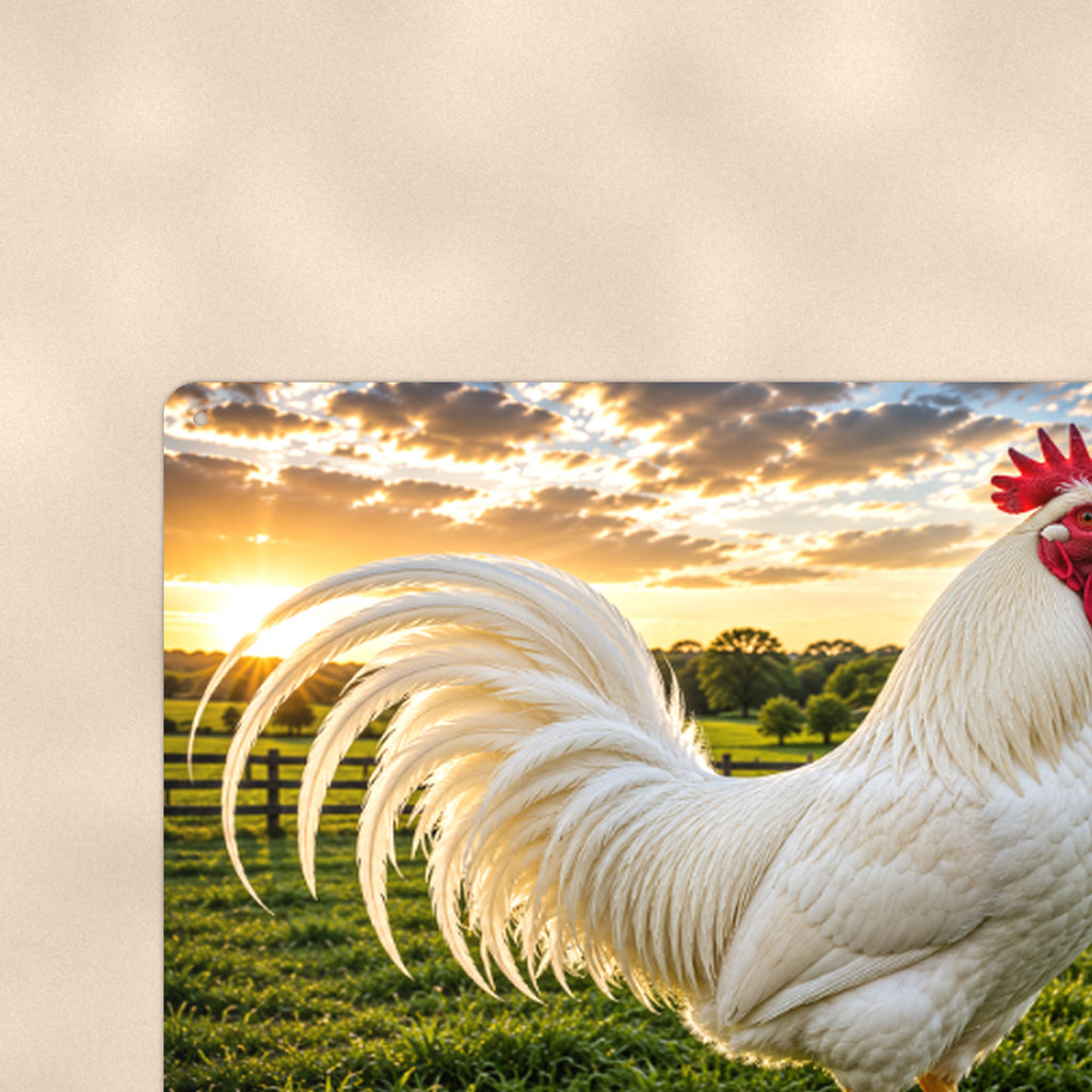 White Rooster on Green Pasture aluminum metal sign 12" x 8" - close-up view of the printed artwork