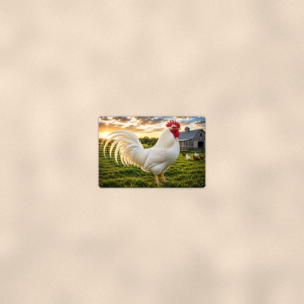 White Rooster on Green Pasture aluminum metal sign 12" x 8" - room view on warm wall