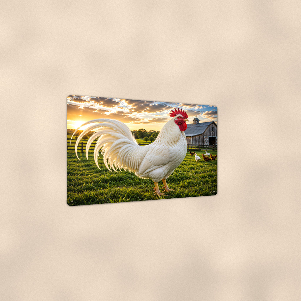 White Rooster on Green Pasture aluminum metal sign 12" x 8" - angled view showing glossy finish