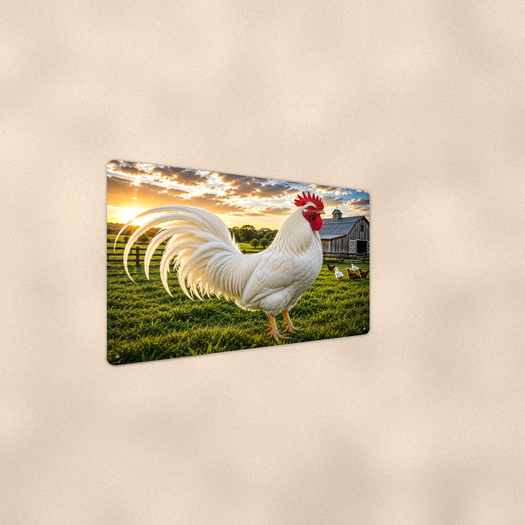 White Rooster on Green Pasture aluminum metal sign 12" x 8" - angled wall view from a wider angle
