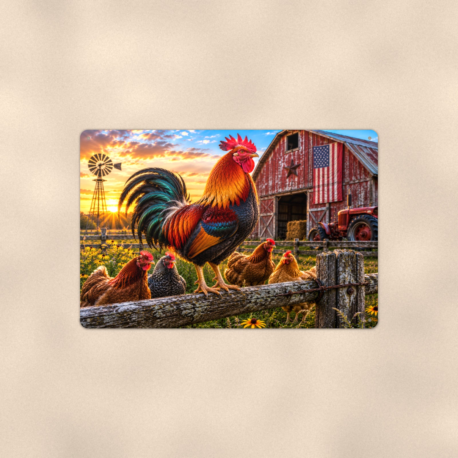 Rooster and Hens American Flag Barn aluminum metal sign 12" x 8" - front view on warm wall