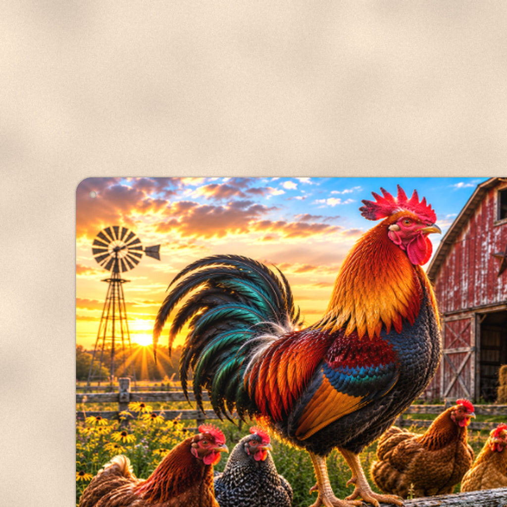Rooster and Hens American Flag Barn aluminum metal sign 12" x 8" - close-up view of the printed artwork