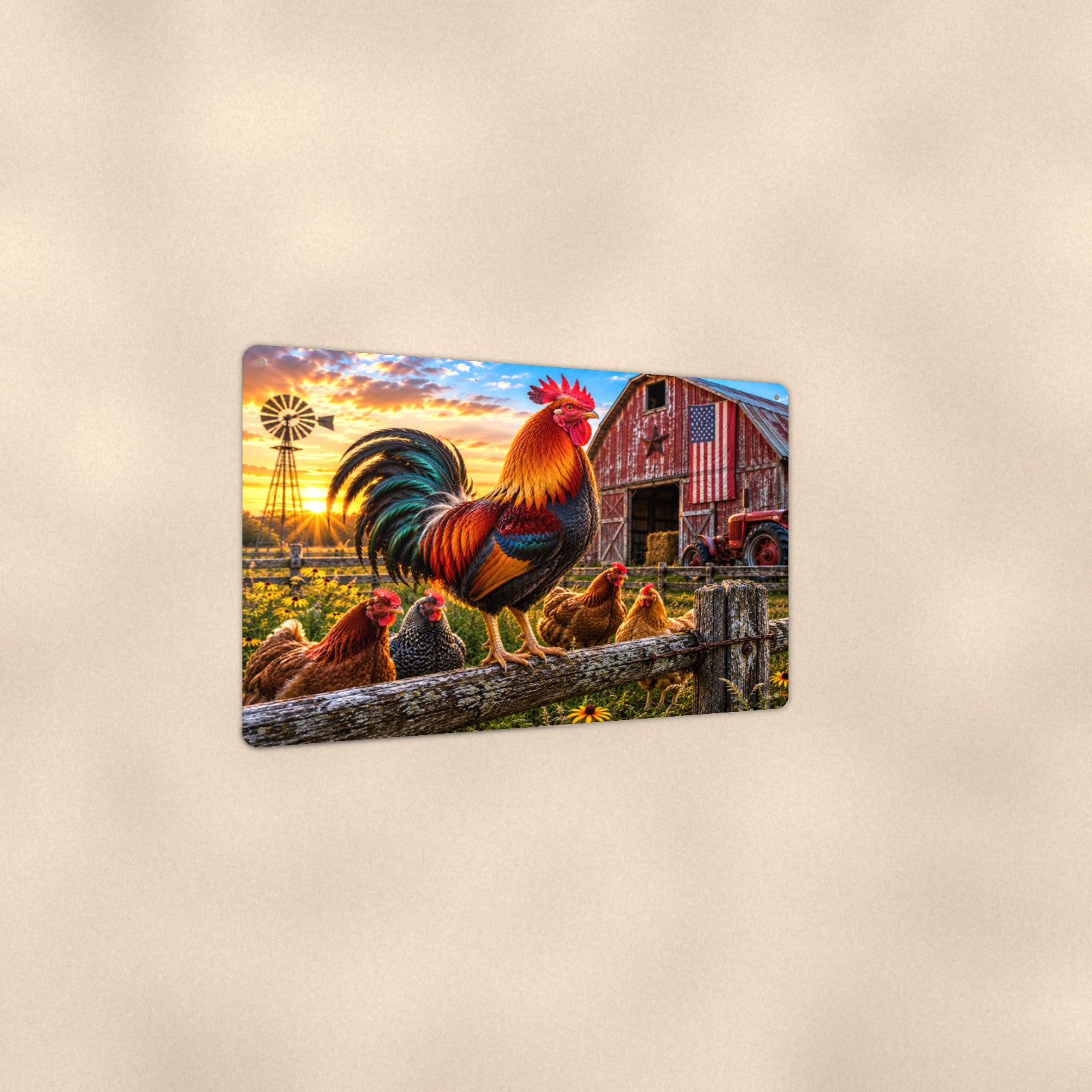 Rooster and Hens American Flag Barn aluminum metal sign 12" x 8" - angled view showing glossy finish