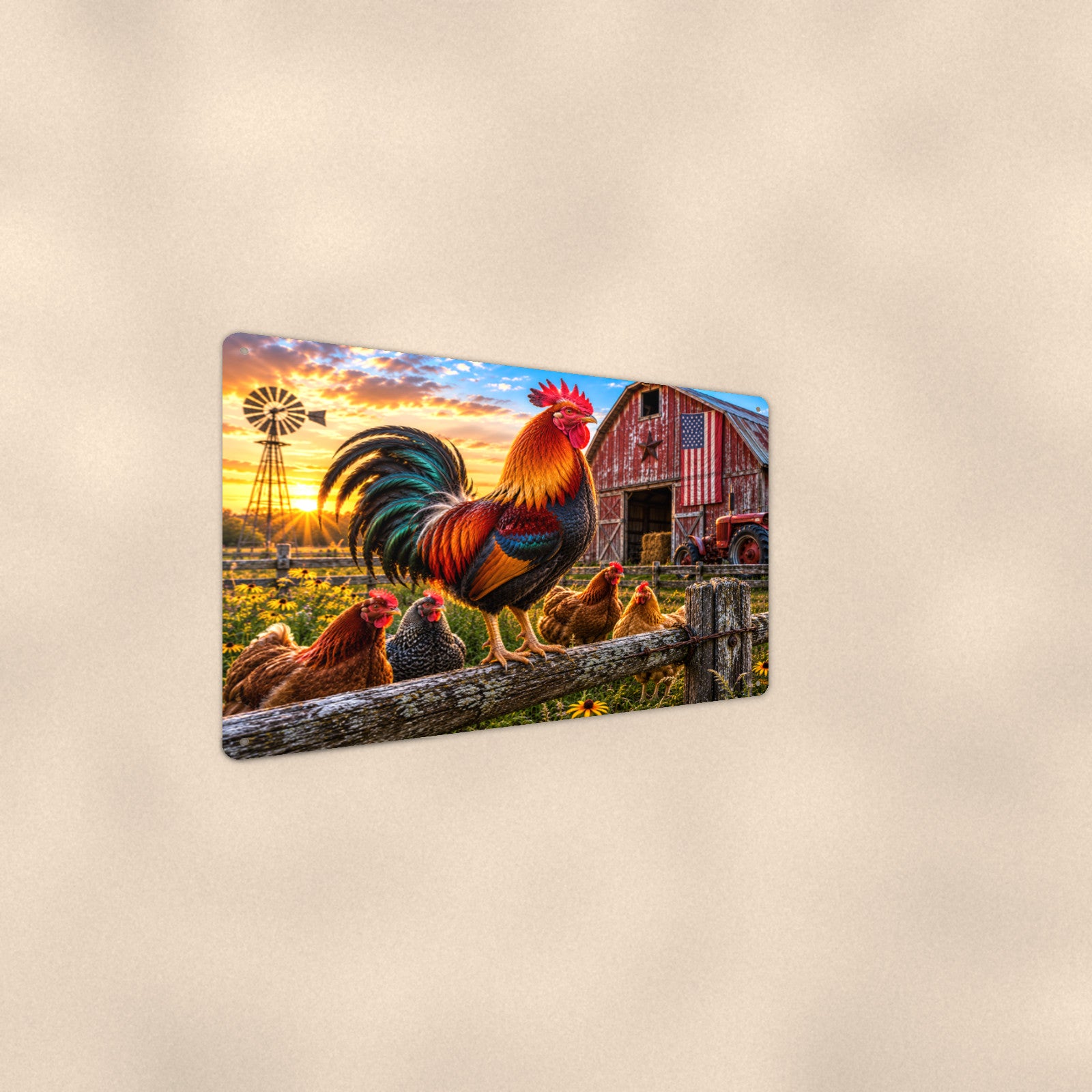 Rooster and Hens American Flag Barn aluminum metal sign 12" x 8" - angled wall view from a wider angle