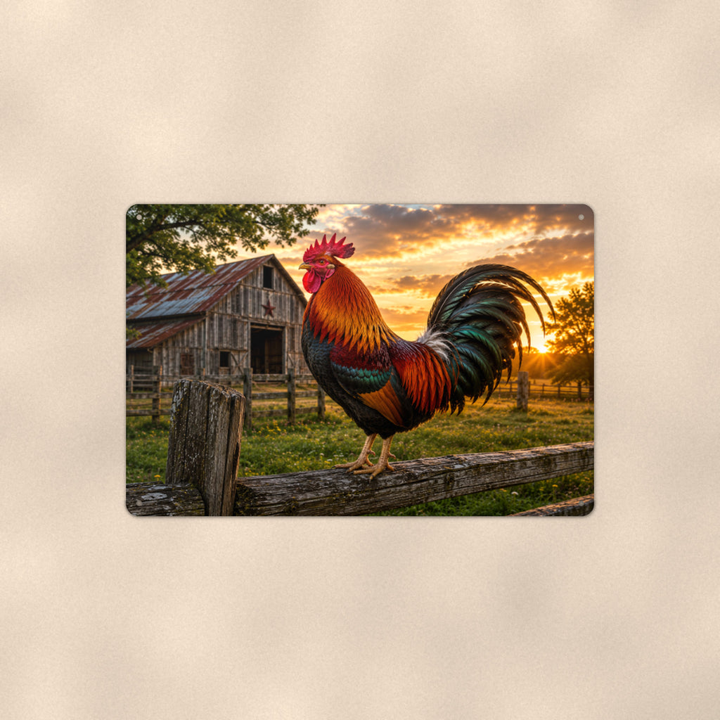 Rooster on the Fence at Sunset aluminum metal sign 12" x 8" - front view on warm wall