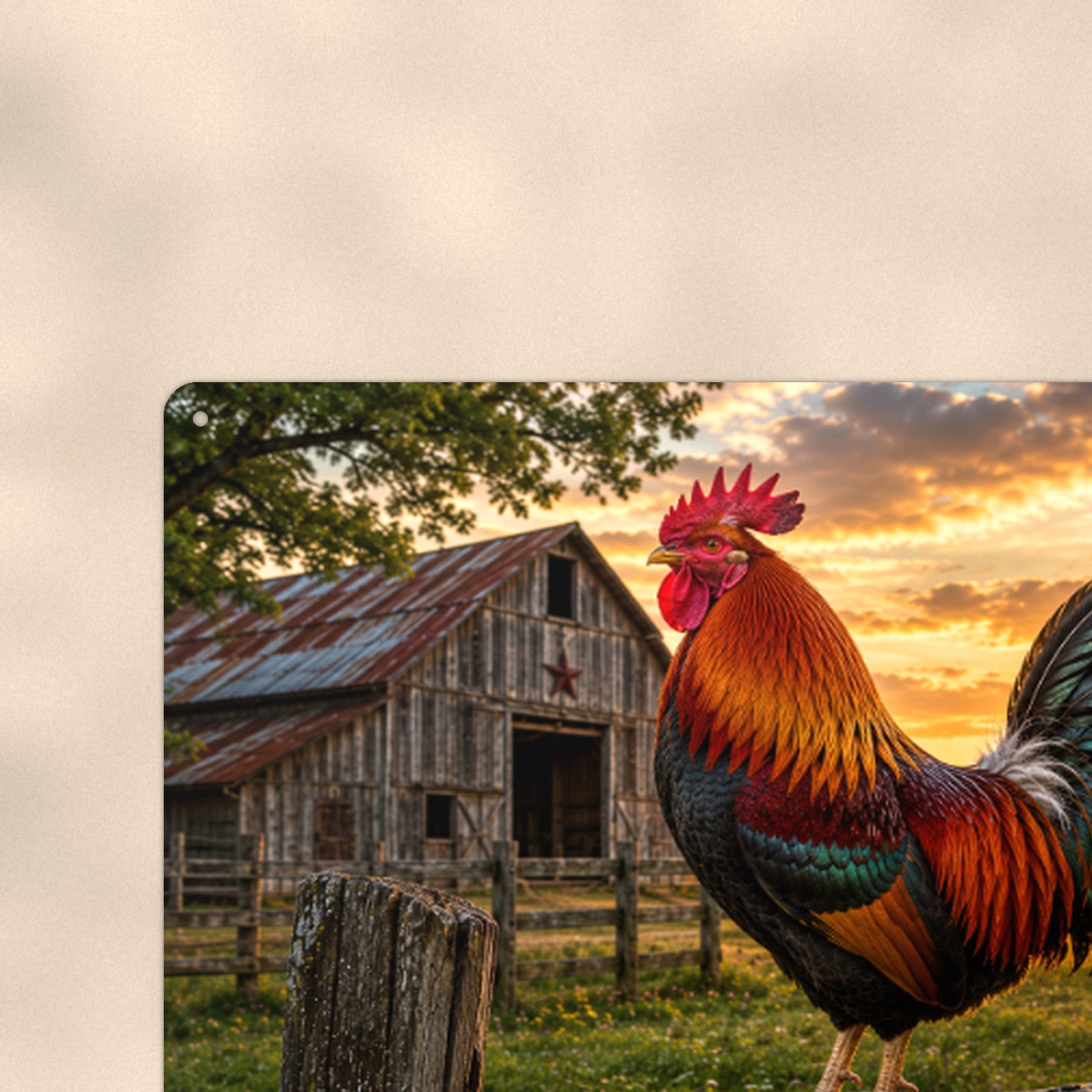Rooster on the Fence at Sunset aluminum metal sign 12" x 8" - close-up view of the printed artwork