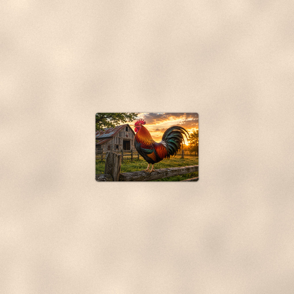 Rooster on the Fence at Sunset aluminum metal sign 12" x 8" - room view on warm wall