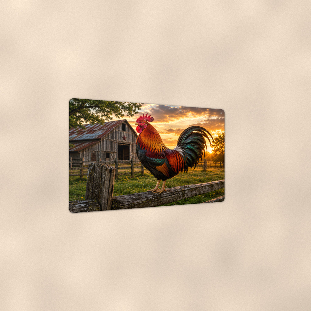 Rooster on the Fence at Sunset aluminum metal sign 12" x 8" - angled view showing glossy finish