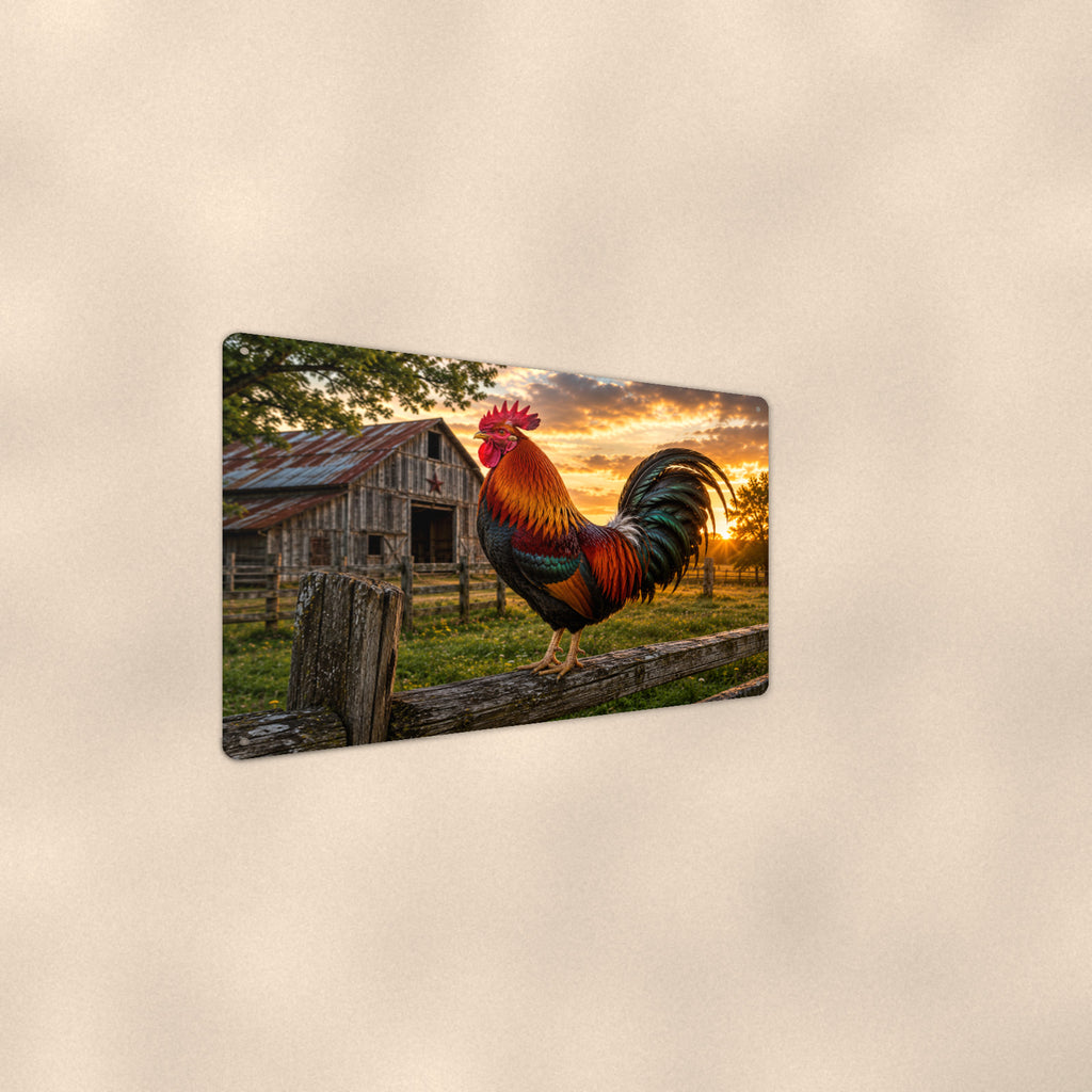Rooster on the Fence at Sunset aluminum metal sign 12" x 8" - angled wall view from a wider angle