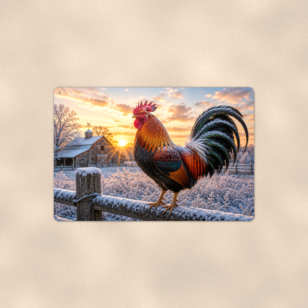 Rooster on a Frosty Winter Fence aluminum metal sign 12" x 8" - front view on warm wall