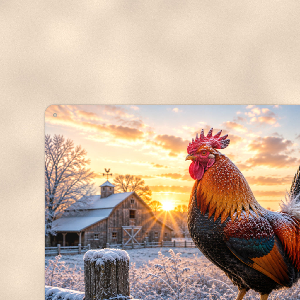 Rooster on a Frosty Winter Fence aluminum metal sign 12" x 8" - close-up view of the printed artwork