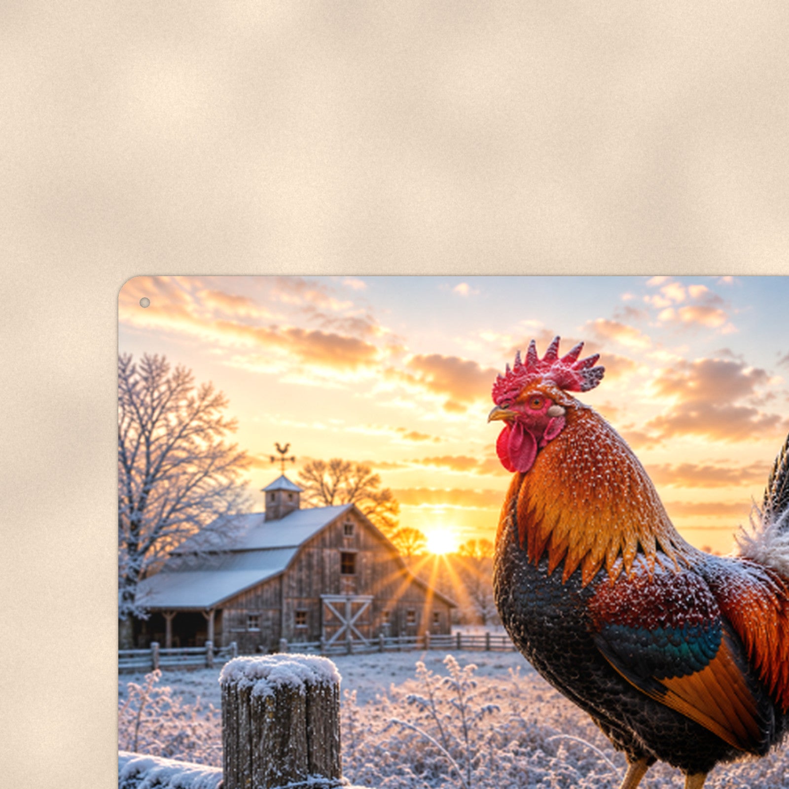 Rooster on a Frosty Winter Fence aluminum metal sign 12" x 8" - close-up view of the printed artwork
