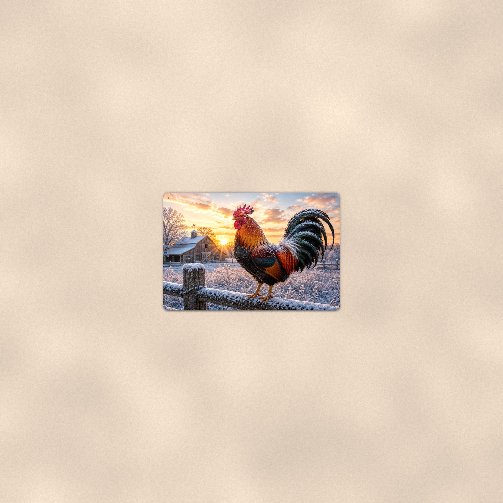 Rooster on a Frosty Winter Fence aluminum metal sign 12" x 8" - room view on warm wall