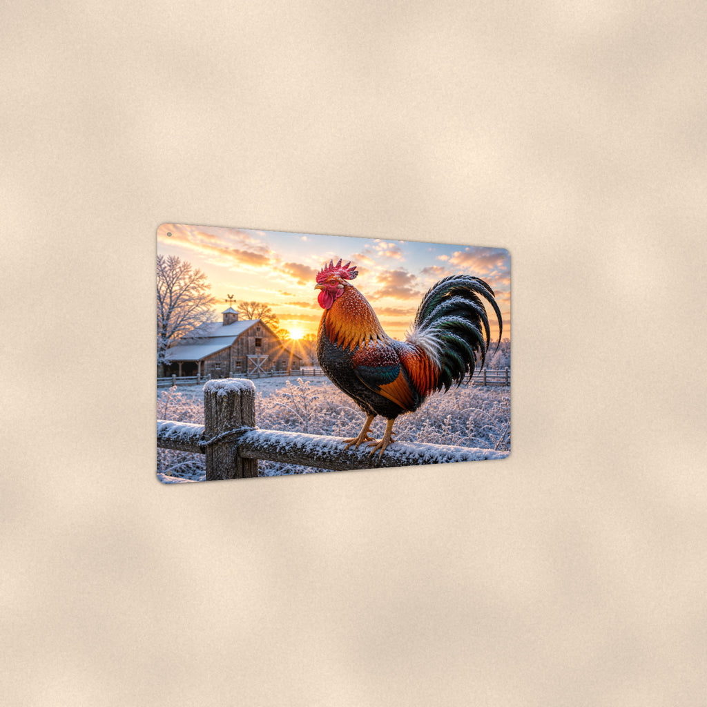 Rooster on a Frosty Winter Fence aluminum metal sign 12" x 8" - angled view showing glossy finish