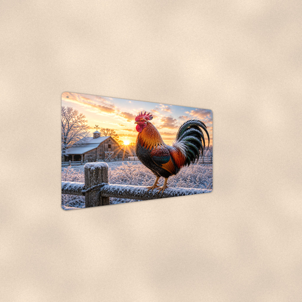 Rooster on a Frosty Winter Fence aluminum metal sign 12" x 8" - angled wall view from a wider angle