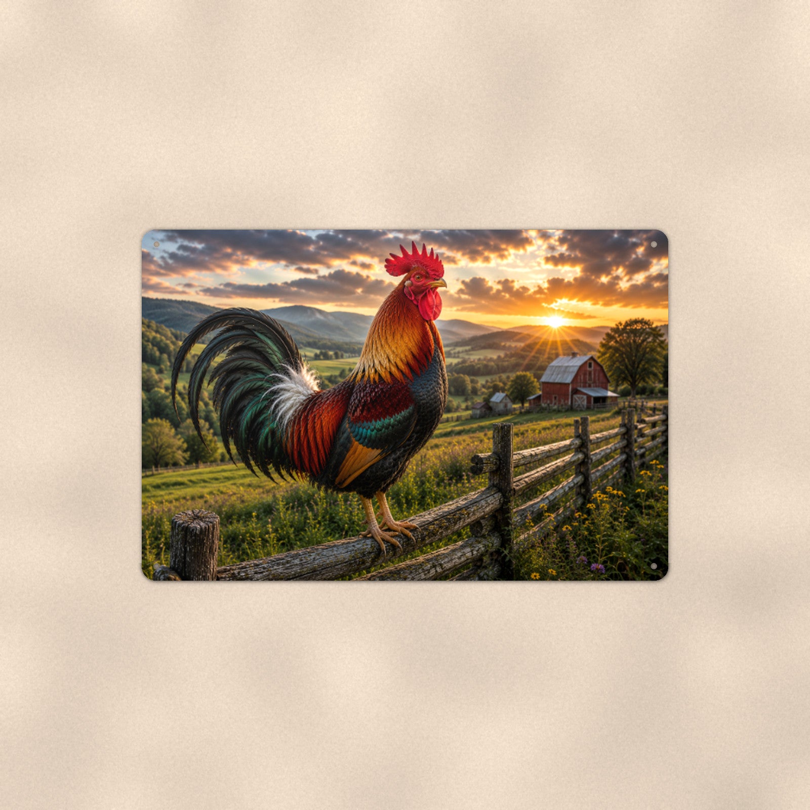 Rooster Over Rolling Hills aluminum metal sign 12" x 8" - front view on warm wall