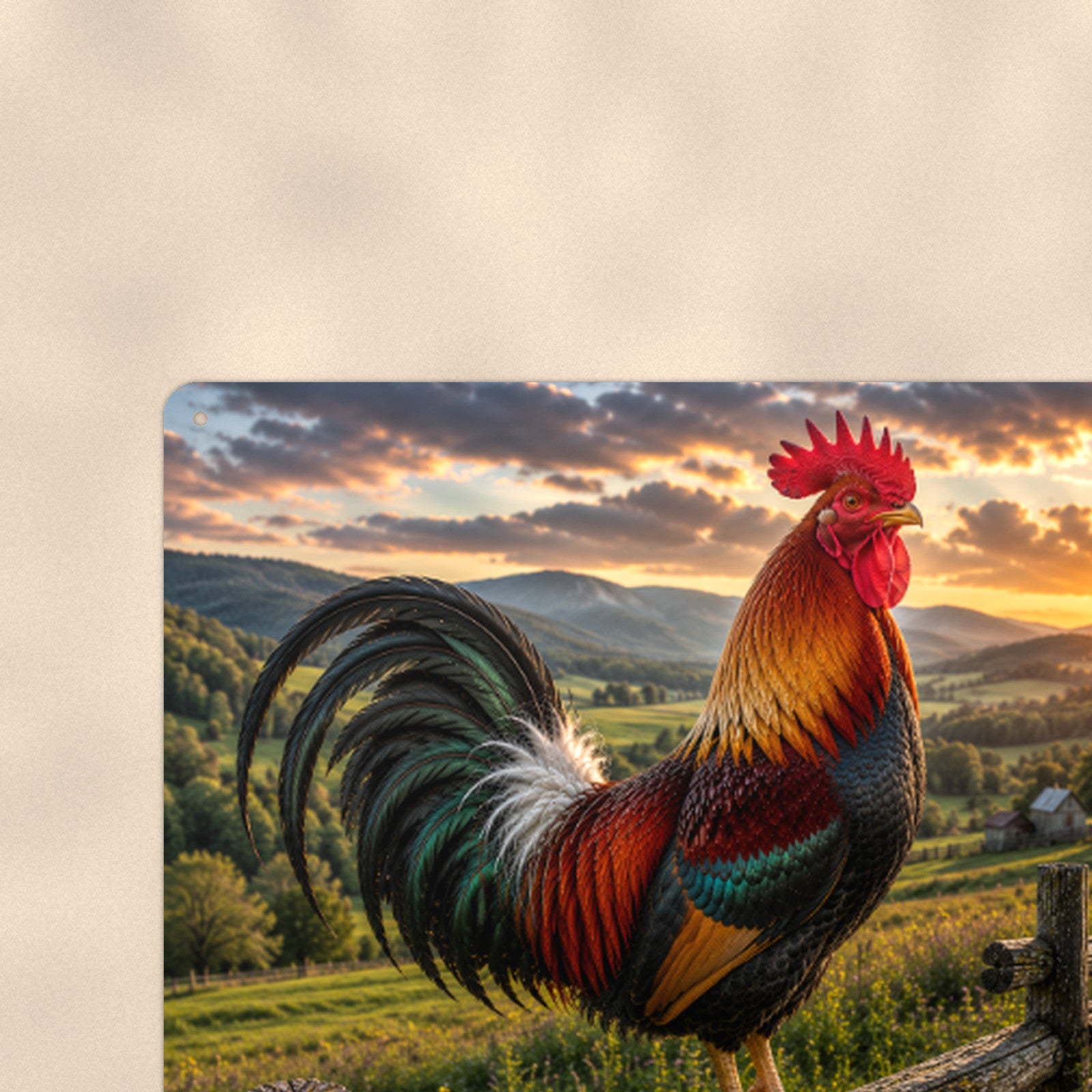 Rooster Over Rolling Hills aluminum metal sign 12" x 8" - close-up view of the printed artwork