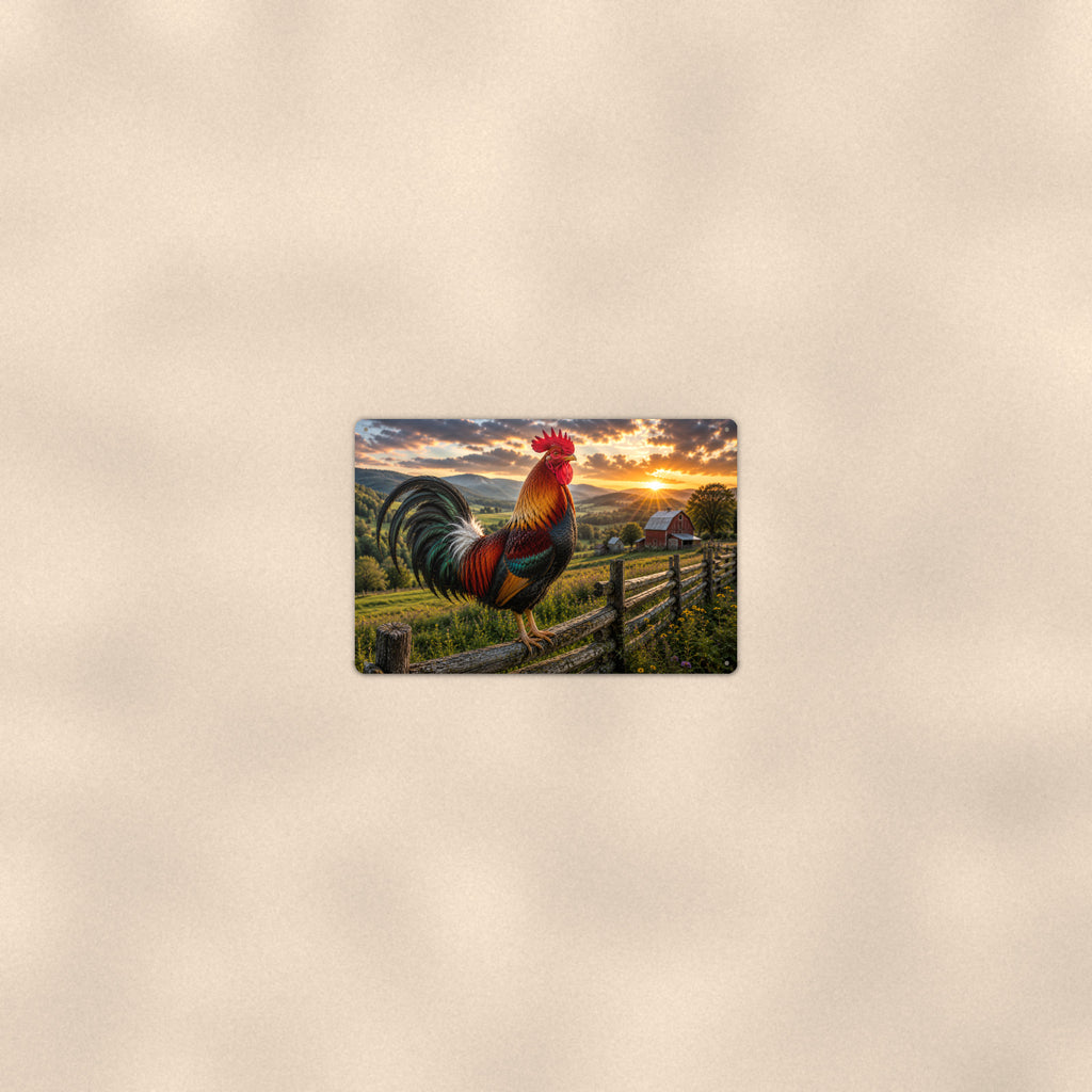 Rooster Over Rolling Hills aluminum metal sign 12" x 8" - room view on warm wall