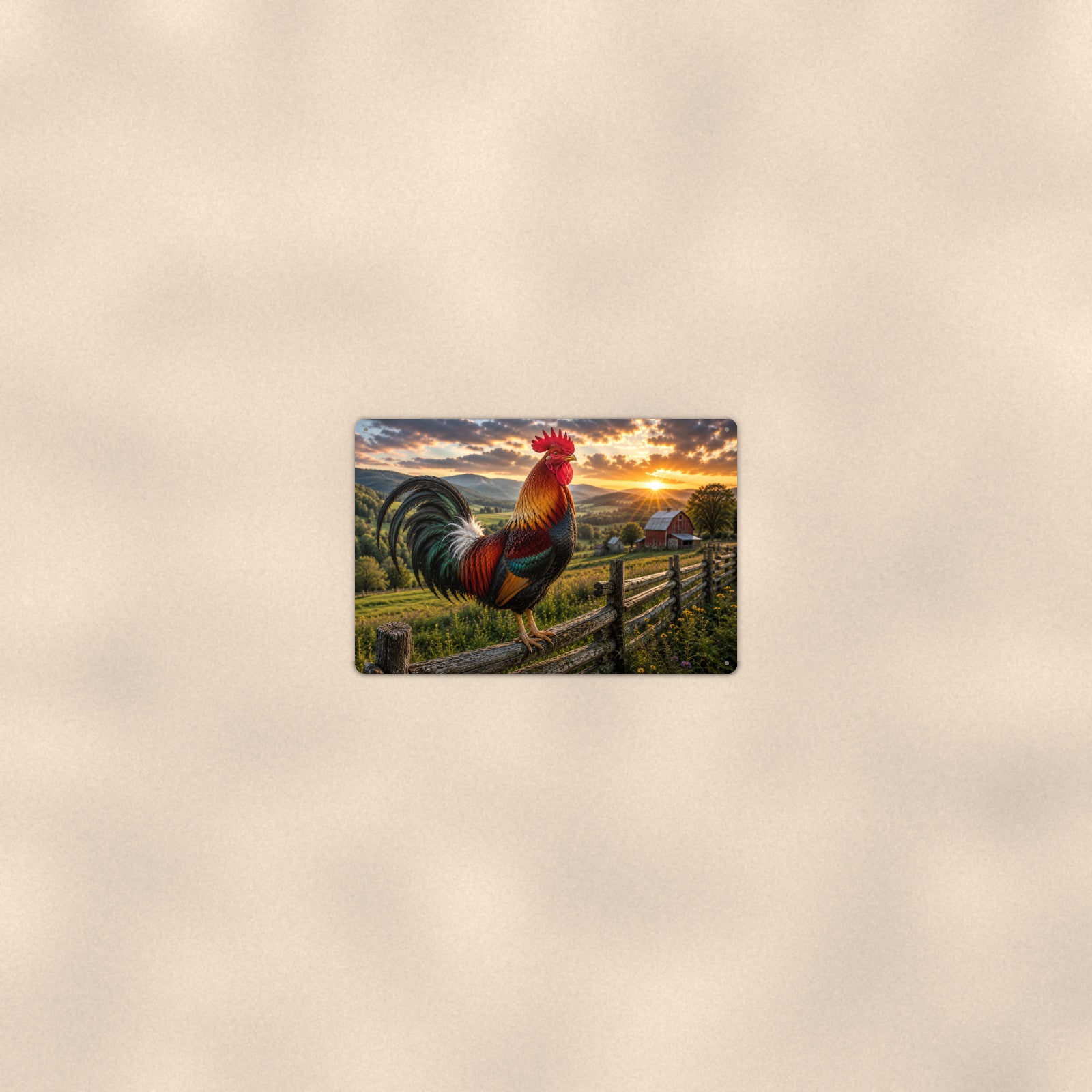 Rooster Over Rolling Hills aluminum metal sign 12" x 8" - room view on warm wall