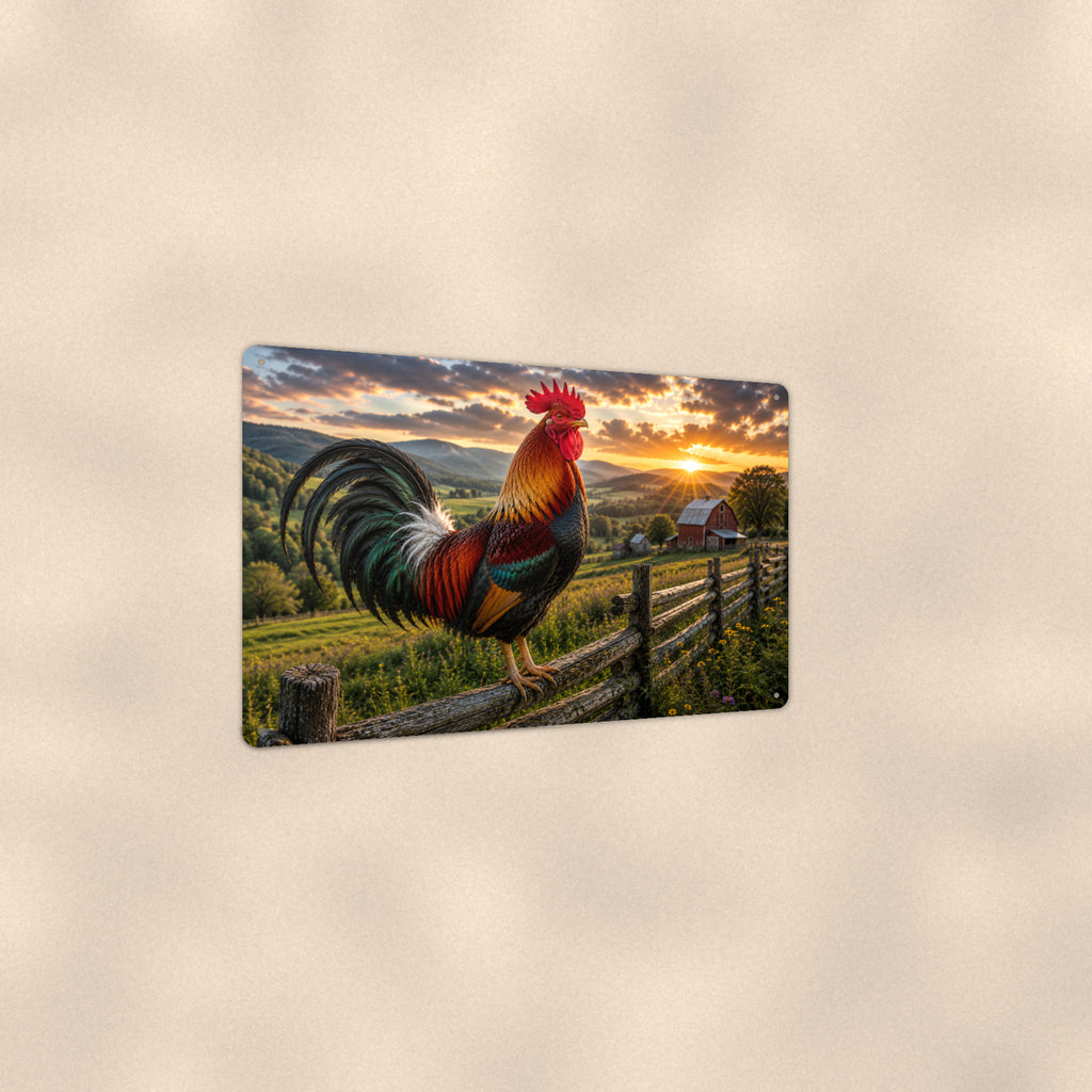 Rooster Over Rolling Hills aluminum metal sign 12" x 8" - angled view showing glossy finish