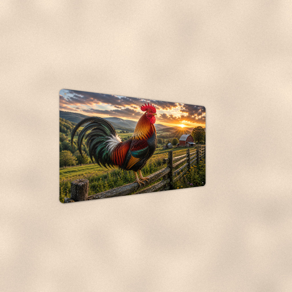 Rooster Over Rolling Hills aluminum metal sign 12" x 8" - angled wall view from a wider angle