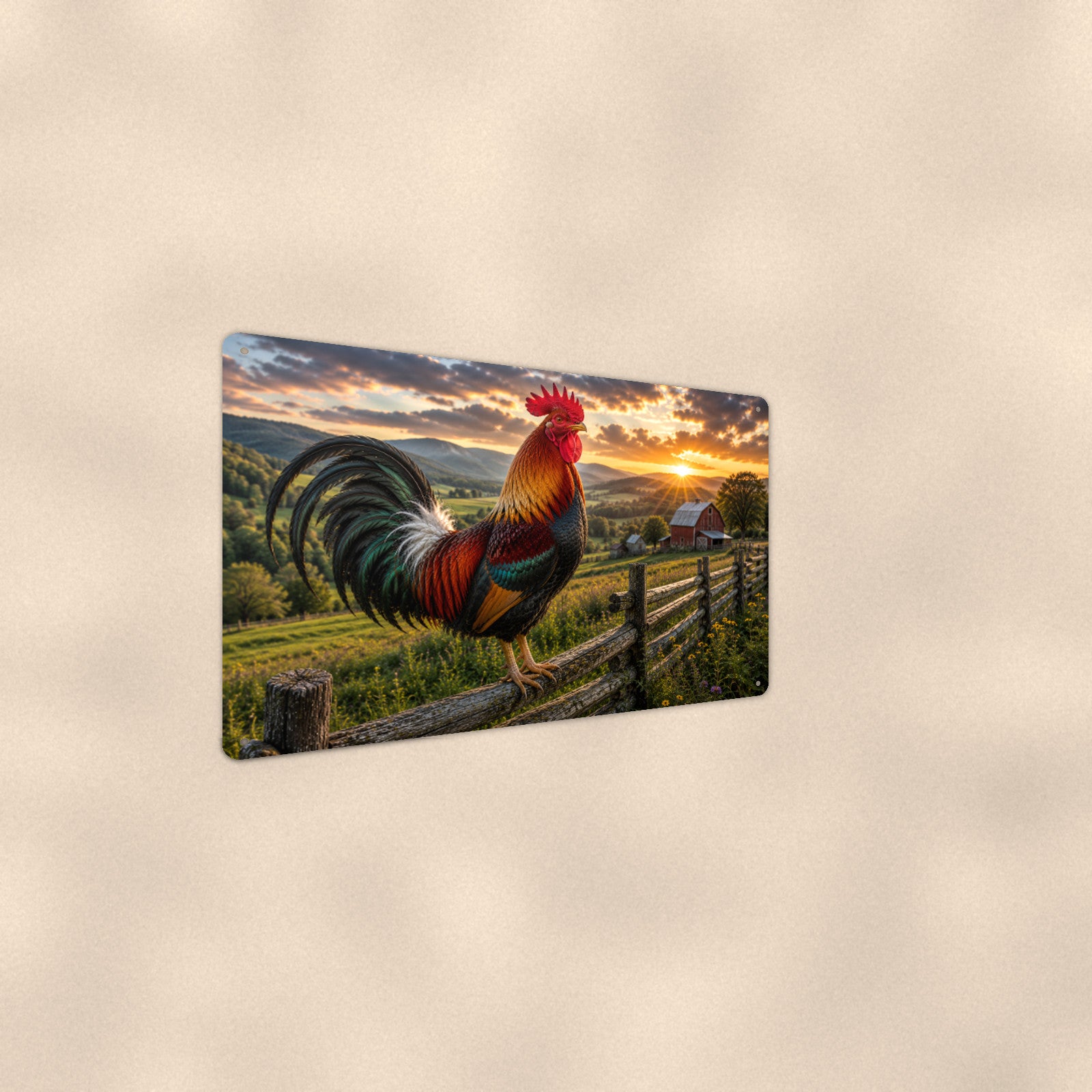 Rooster Over Rolling Hills aluminum metal sign 12" x 8" - angled wall view from a wider angle
