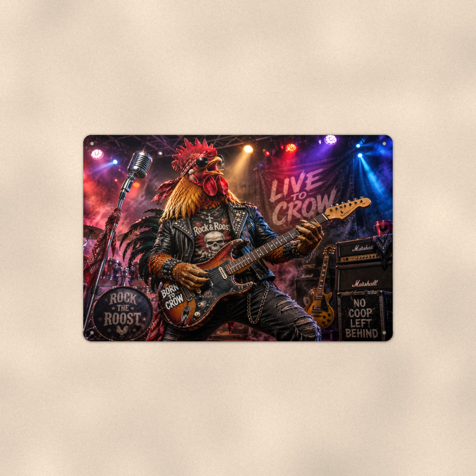 Rock Star Rooster Live to Crow aluminum metal sign 12" x 8" - front view on warm wall