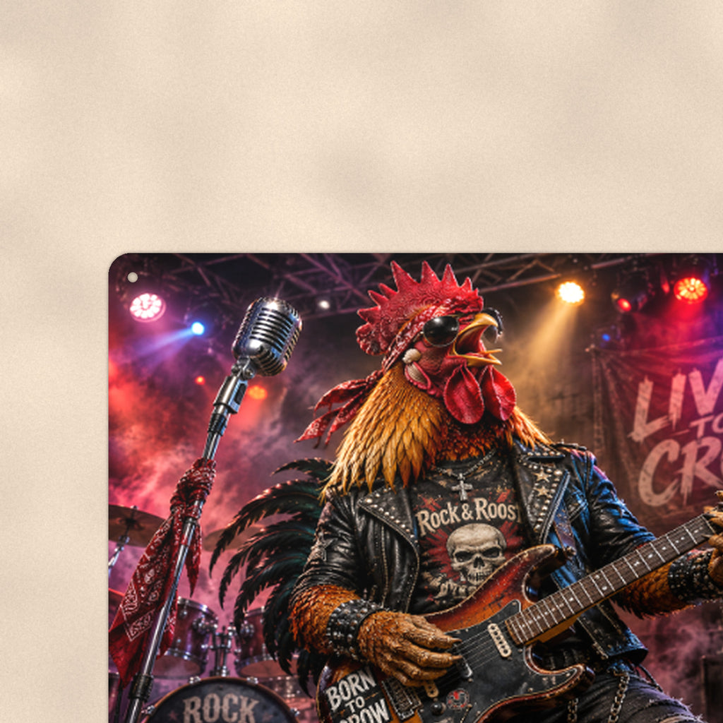 Rock Star Rooster Live to Crow aluminum metal sign 12" x 8" - close-up view of the printed artwork