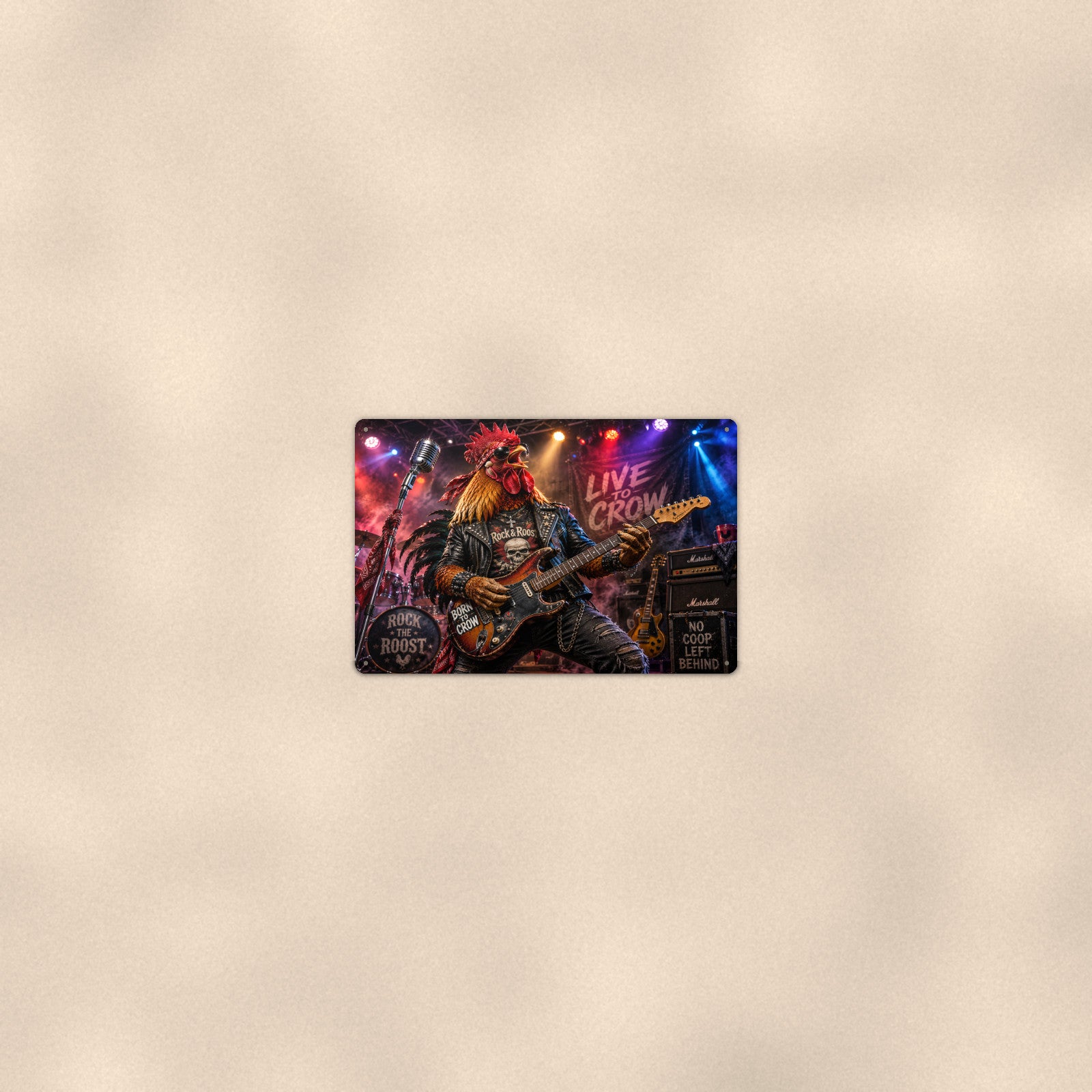 Rock Star Rooster Live to Crow aluminum metal sign 12" x 8" - room view on warm wall