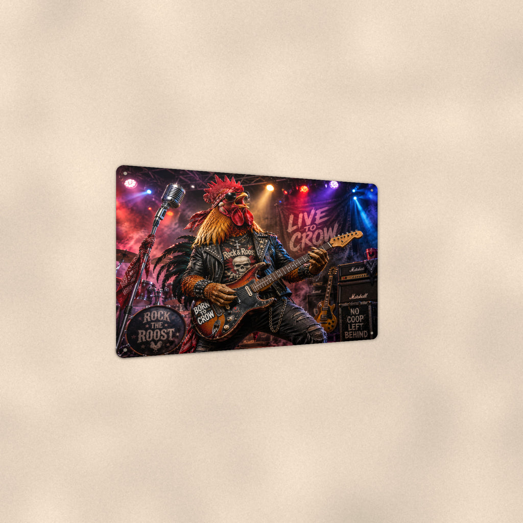 Rock Star Rooster Live to Crow aluminum metal sign 12" x 8" - angled view showing glossy finish