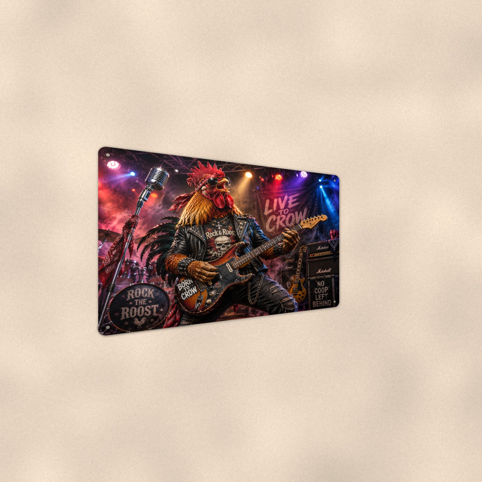 Rock Star Rooster Live to Crow aluminum metal sign 12" x 8" - angled wall view from a wider angle