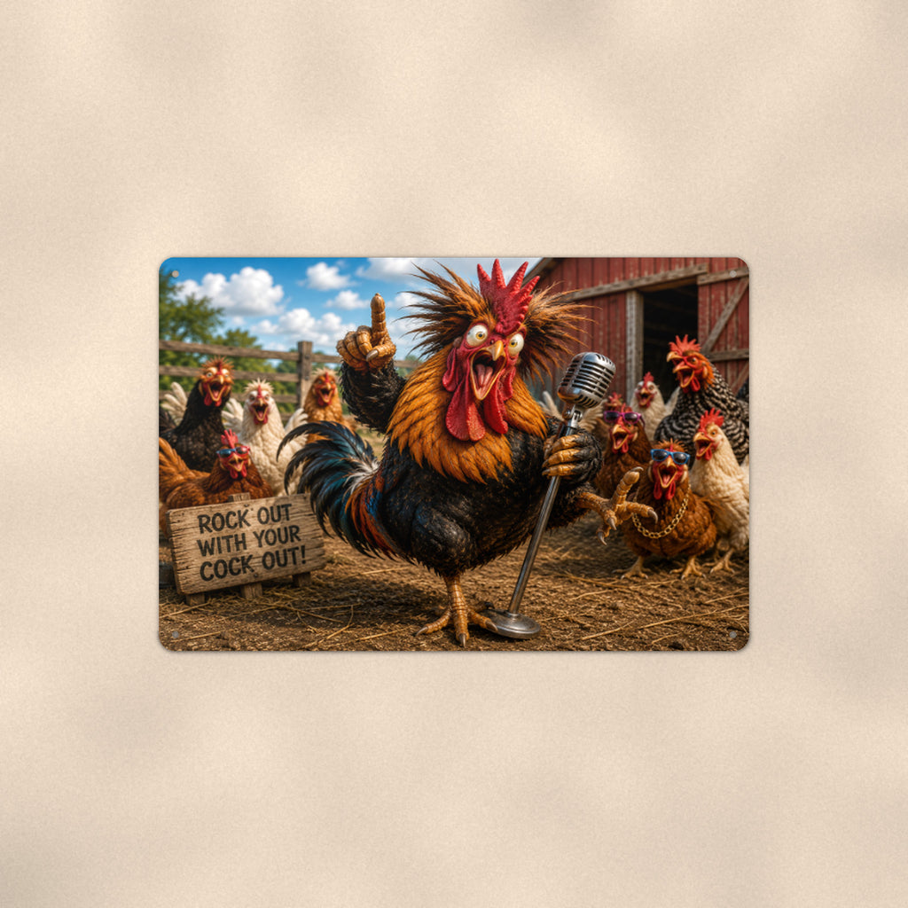 Stand-Up Comedy Rooster aluminum metal sign 12" x 8" - front view on warm wall