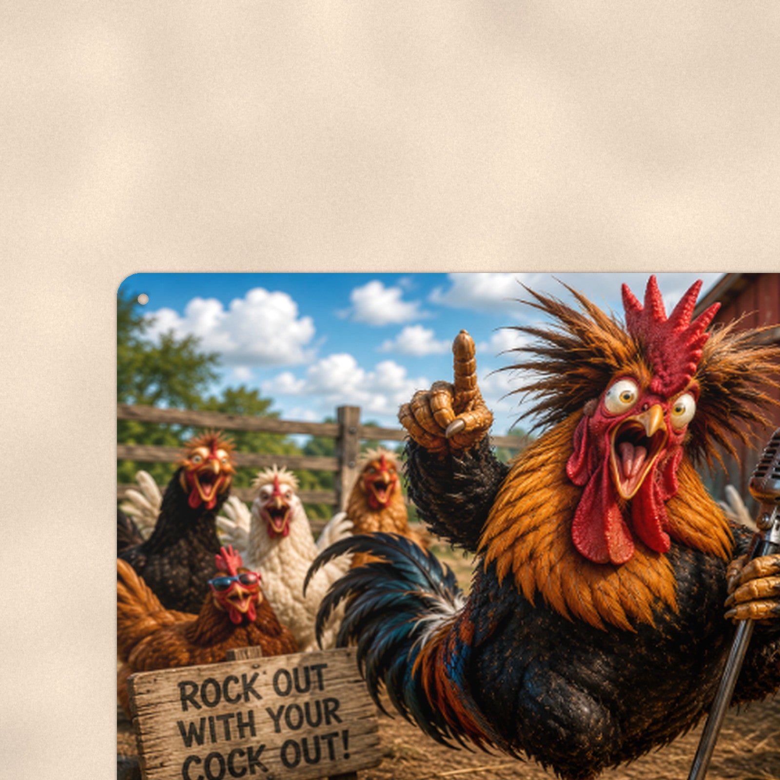 Stand-Up Comedy Rooster aluminum metal sign 12" x 8" - close-up view of the printed artwork