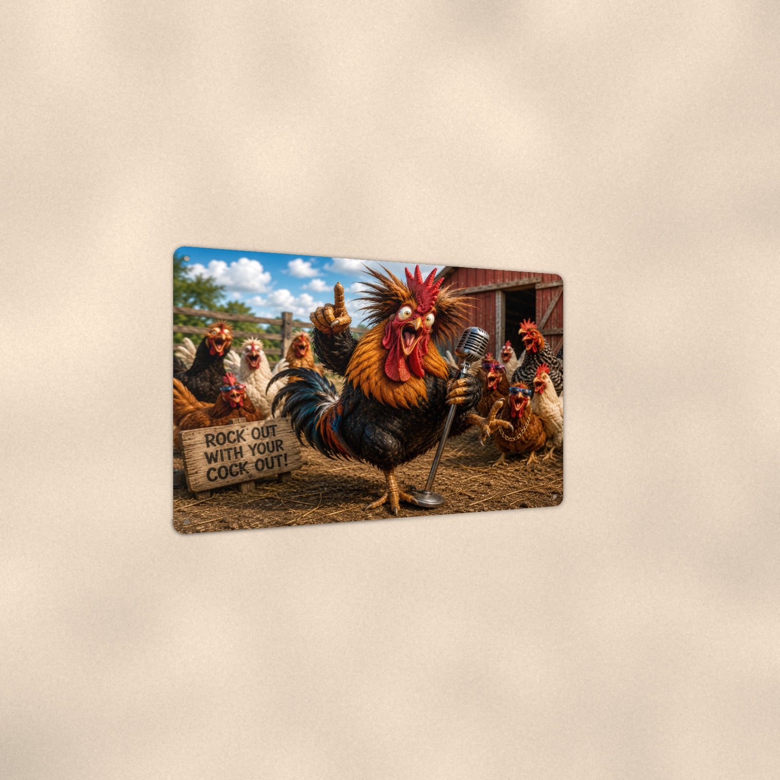 Stand-Up Comedy Rooster aluminum metal sign 12" x 8" - angled view showing glossy finish