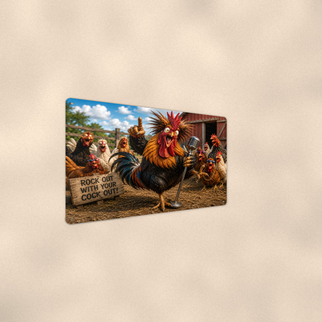 Stand-Up Comedy Rooster aluminum metal sign 12" x 8" - angled wall view from a wider angle