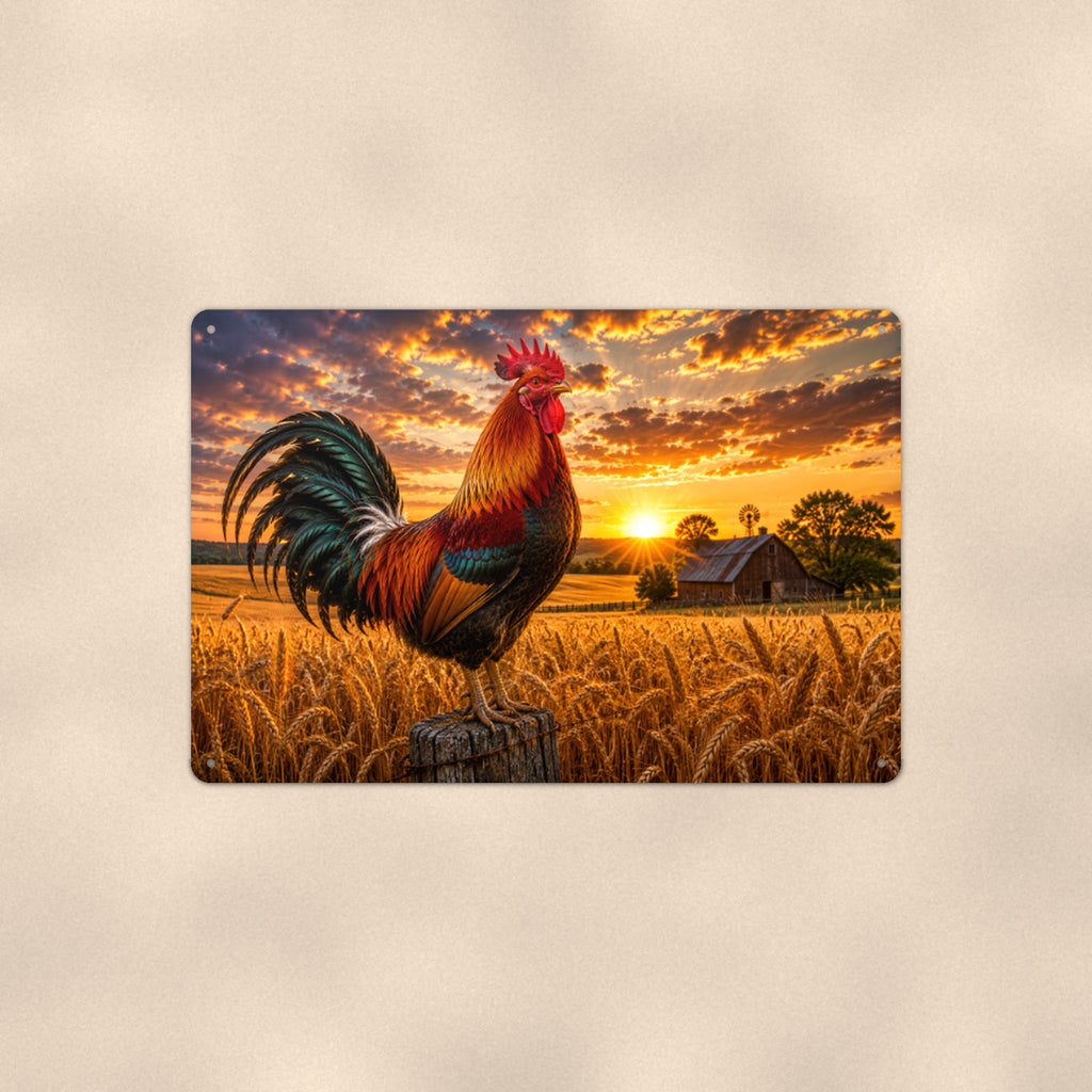 Rooster in the Wheat Field aluminum metal sign 12" x 8" - front view on warm wall