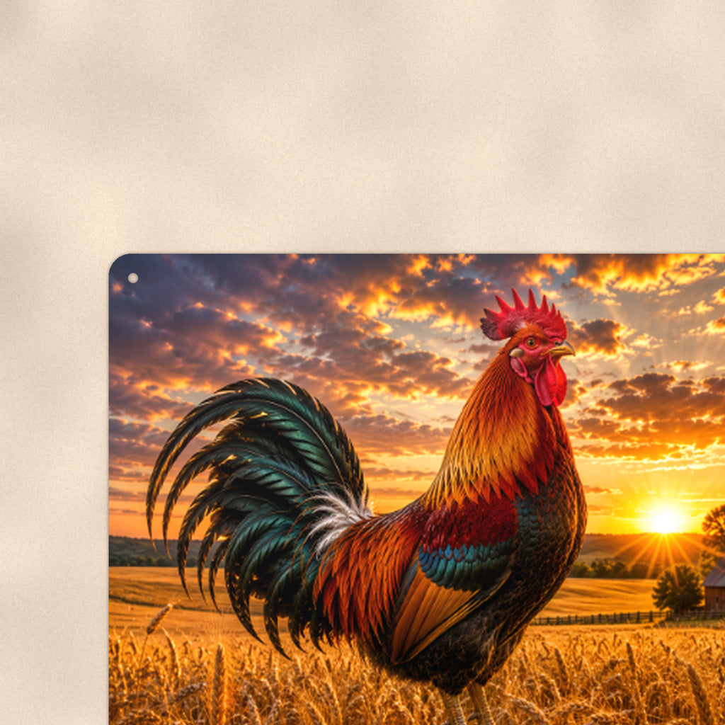 Rooster in the Wheat Field aluminum metal sign 12" x 8" - close-up view of the printed artwork