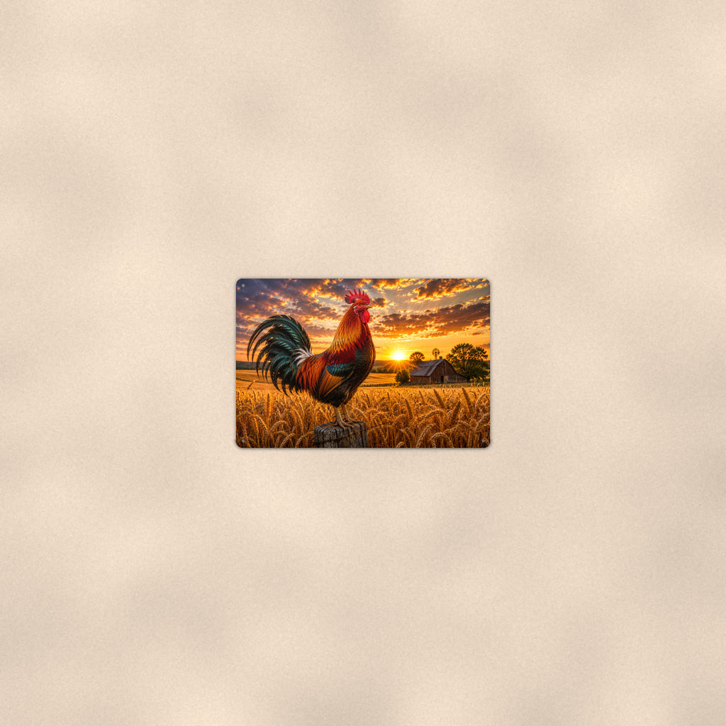 Rooster in the Wheat Field aluminum metal sign 12" x 8" - room view on warm wall