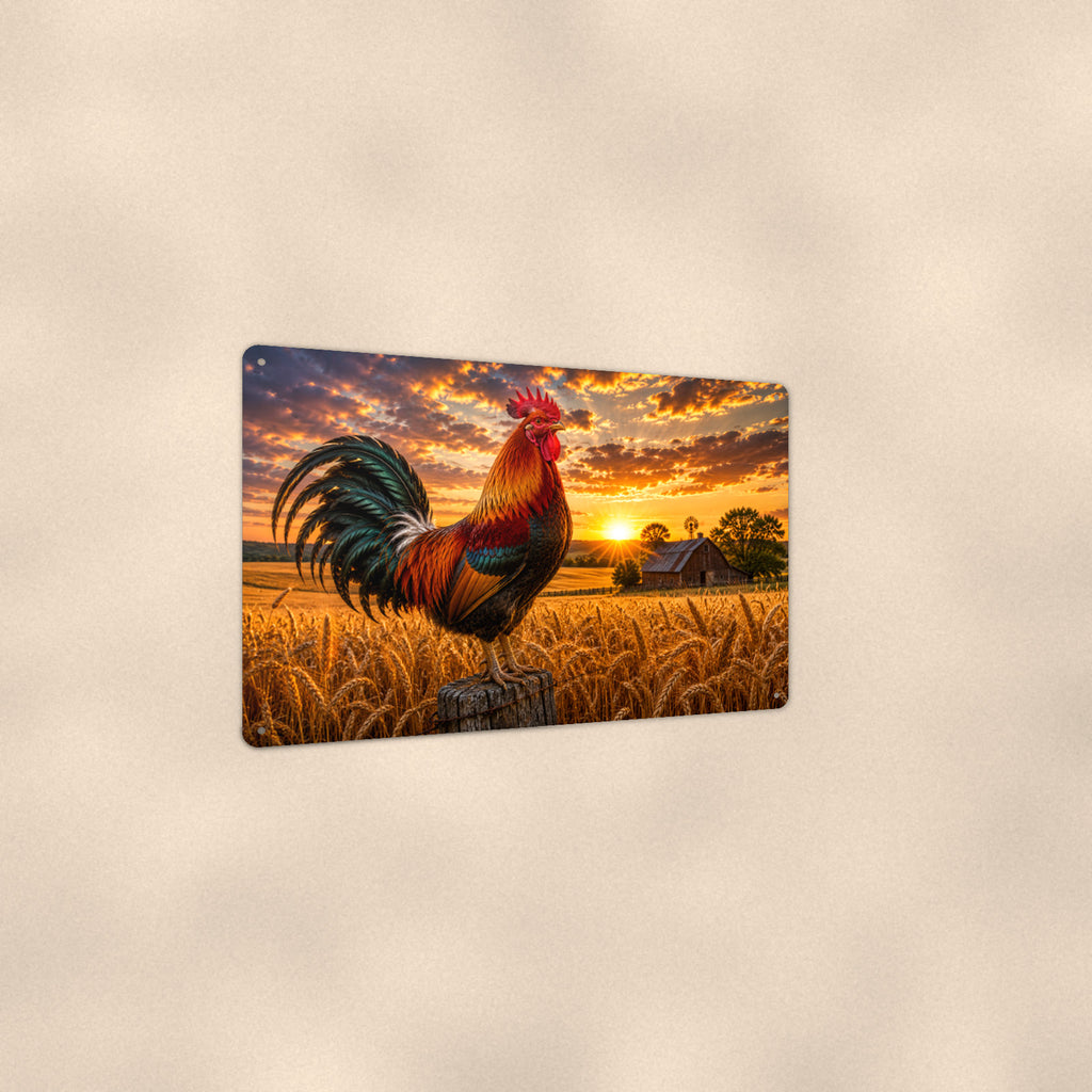 Rooster in the Wheat Field aluminum metal sign 12" x 8" - angled view showing glossy finish