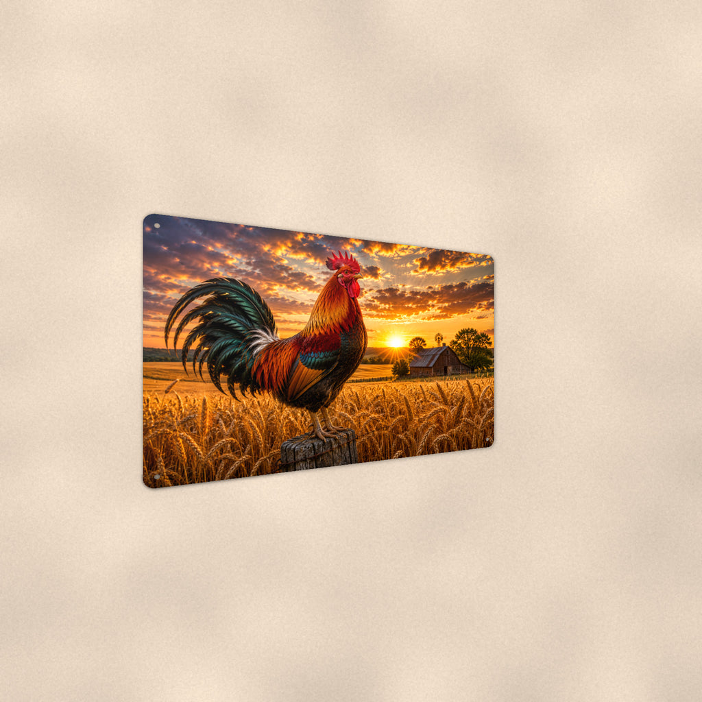 Rooster in the Wheat Field aluminum metal sign 12" x 8" - angled wall view from a wider angle